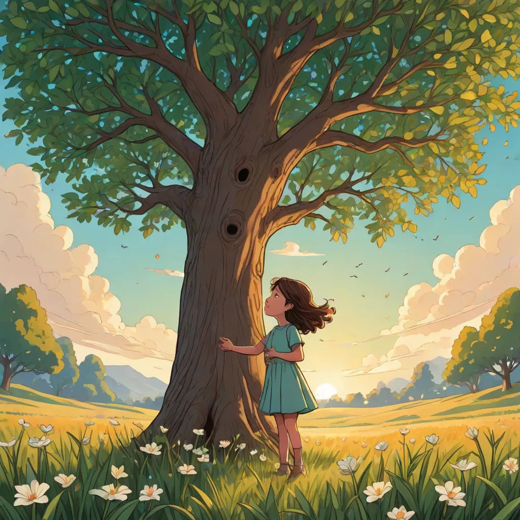 a little girl standing next to a tree in a field of flowers and grass with a sky background and clouds, magical realism, a storybook illustration, Chris LaBrooy, rossdraws global illumination