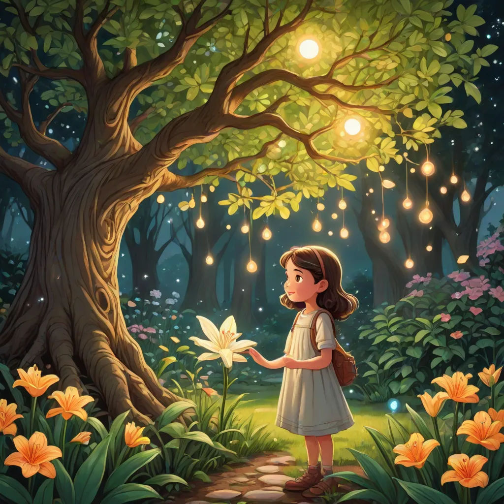 a girl standing in a forest holding a flower under a tree with lights hanging from it's branches, fantasy art, a storybook illustration, Alice Prin, rossdraws global illumination