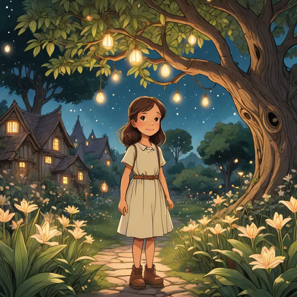 a girl standing in a garden with a tree and lights hanging from it's branches and a house in the background, fantasy art, a storybook illustration, Alice Prin, official art