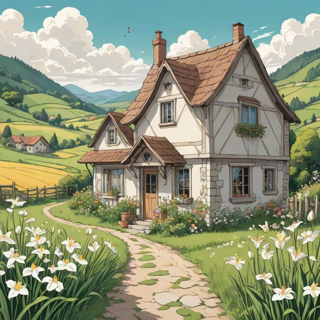 a painting of a house in a field with flowers and a path leading to it and a path leading to the house, american scene painting, a detailed matte painting, Evgeny Lushpin, ghibli