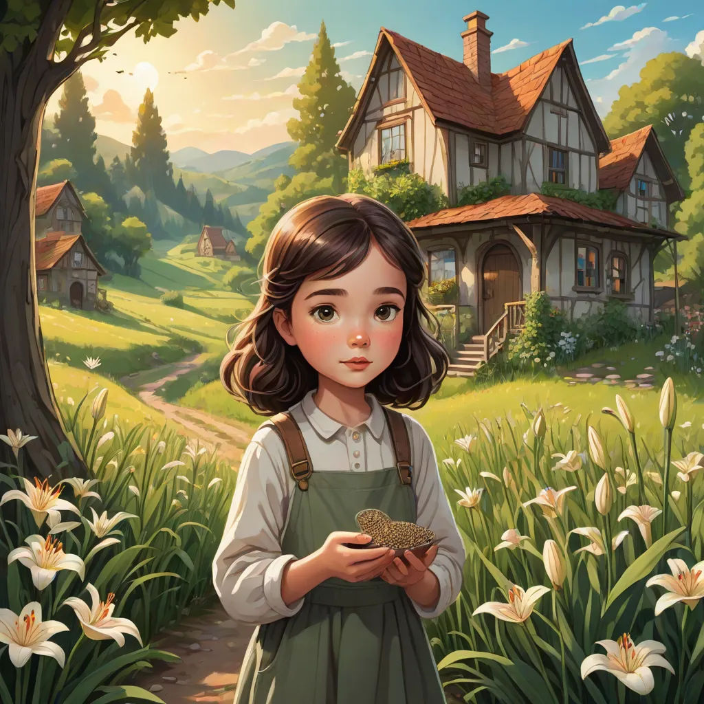 a painting of a girl holding a bird in front of a house and flowers in the foreground, with a path leading to the house, fantasy art, a storybook illustration, Alice Prin, storybook illustration