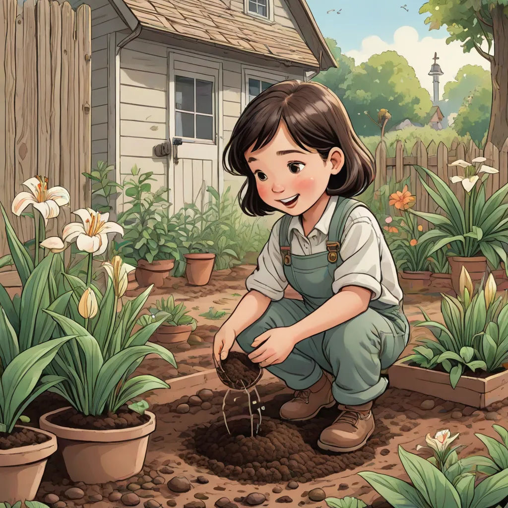 a girl is digging in the garden with a shovel and a potted plant in front of her and a house, american scene painting, a storybook illustration, Cliff Childs, storybook illustration