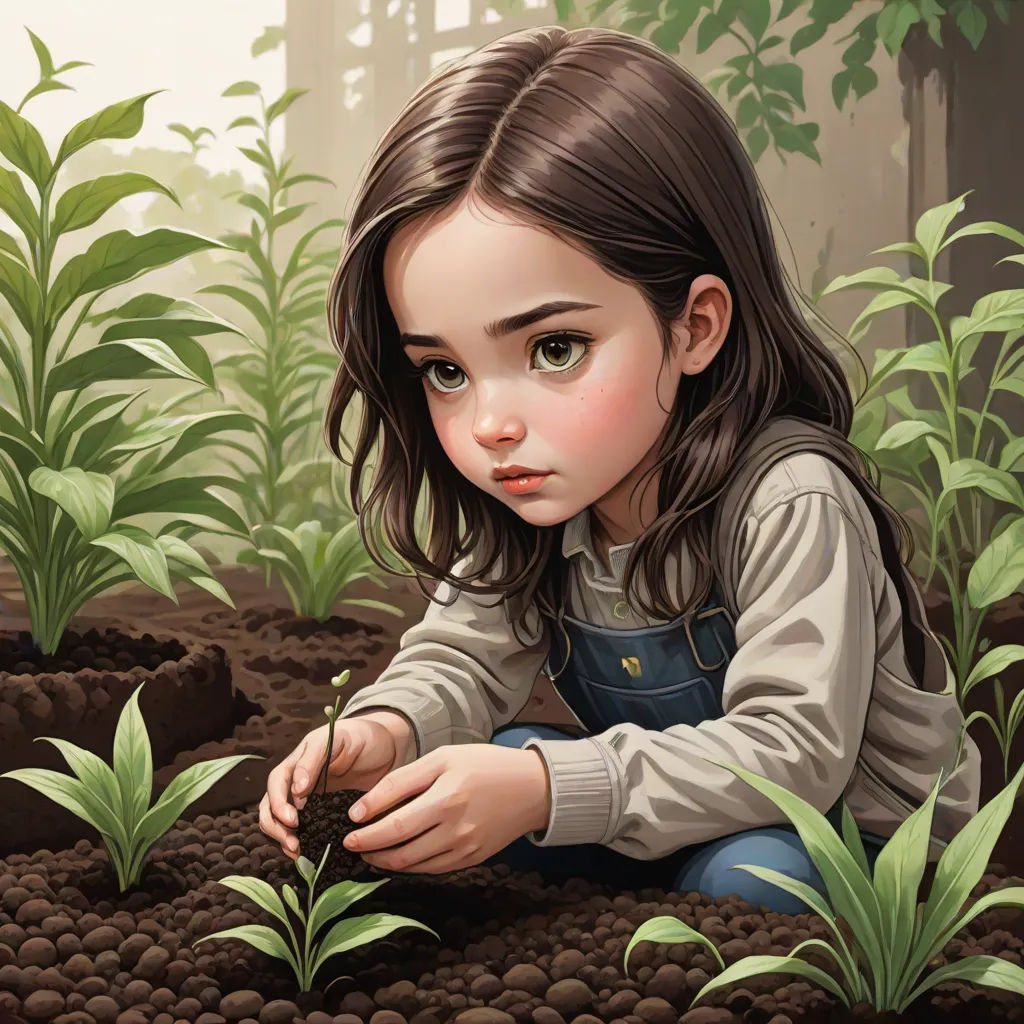a painting of a girl kneeling in a garden with plants growing in it and looking at the camera with a sad face, fantasy art, a storybook illustration, Artgerm, trending on art station