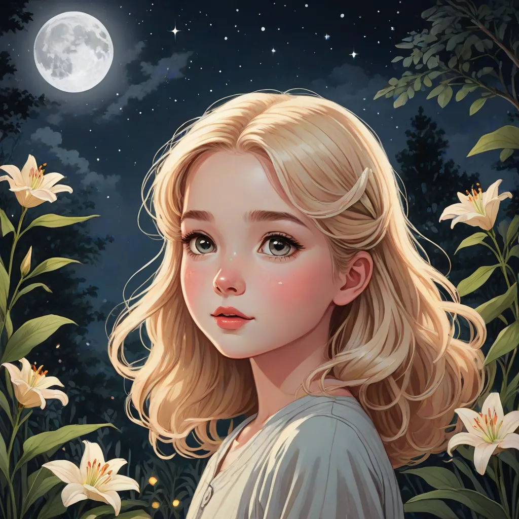 a painting of a girl with blonde hair and a moon in the background with flowers in the foreground, fantasy art, a detailed painting, Artgerm, rossdraws global illumination