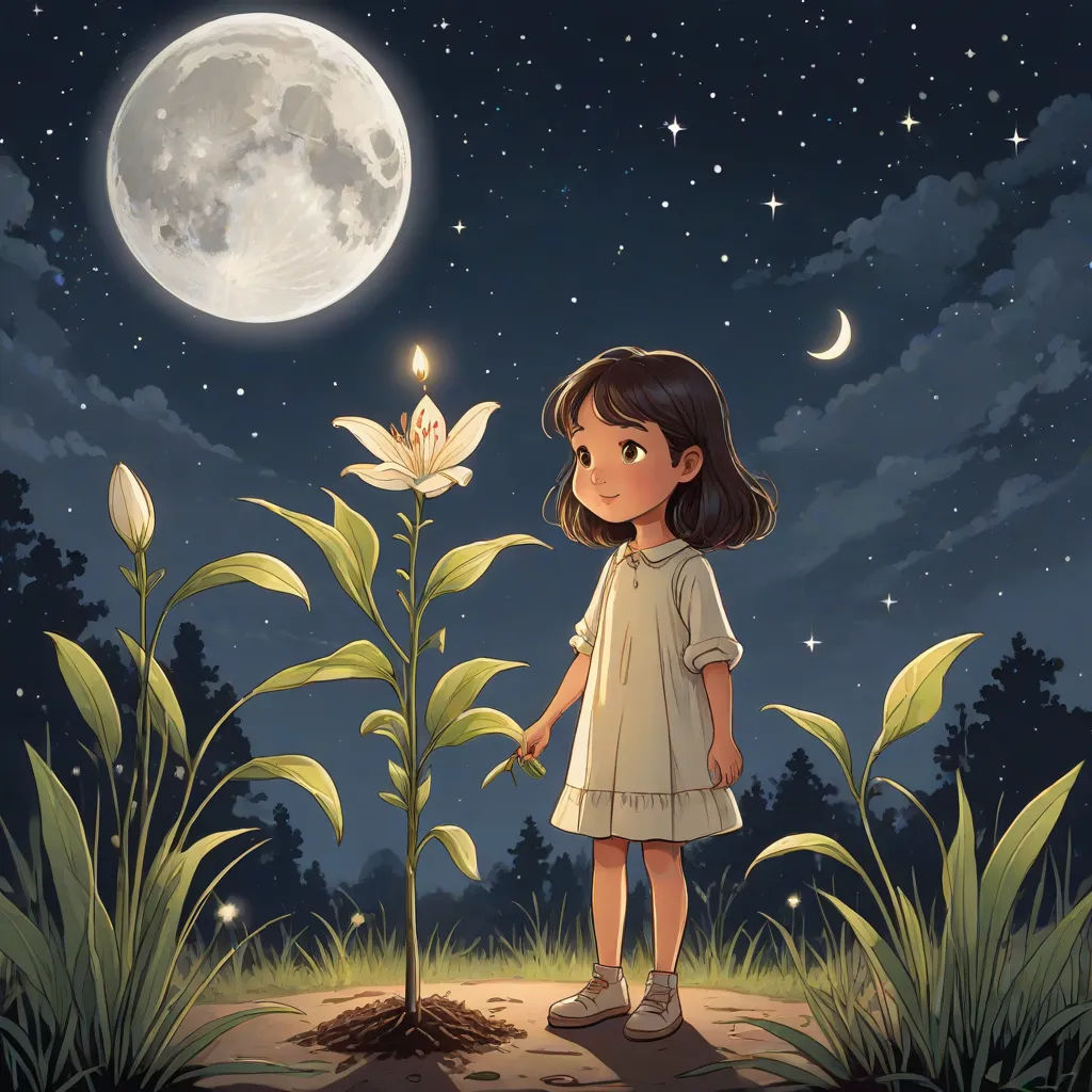 a girl standing in front of a flower with a candle in her hand and a full moon in the background, magical realism, a storybook illustration, Cyril Rolando, fireflies