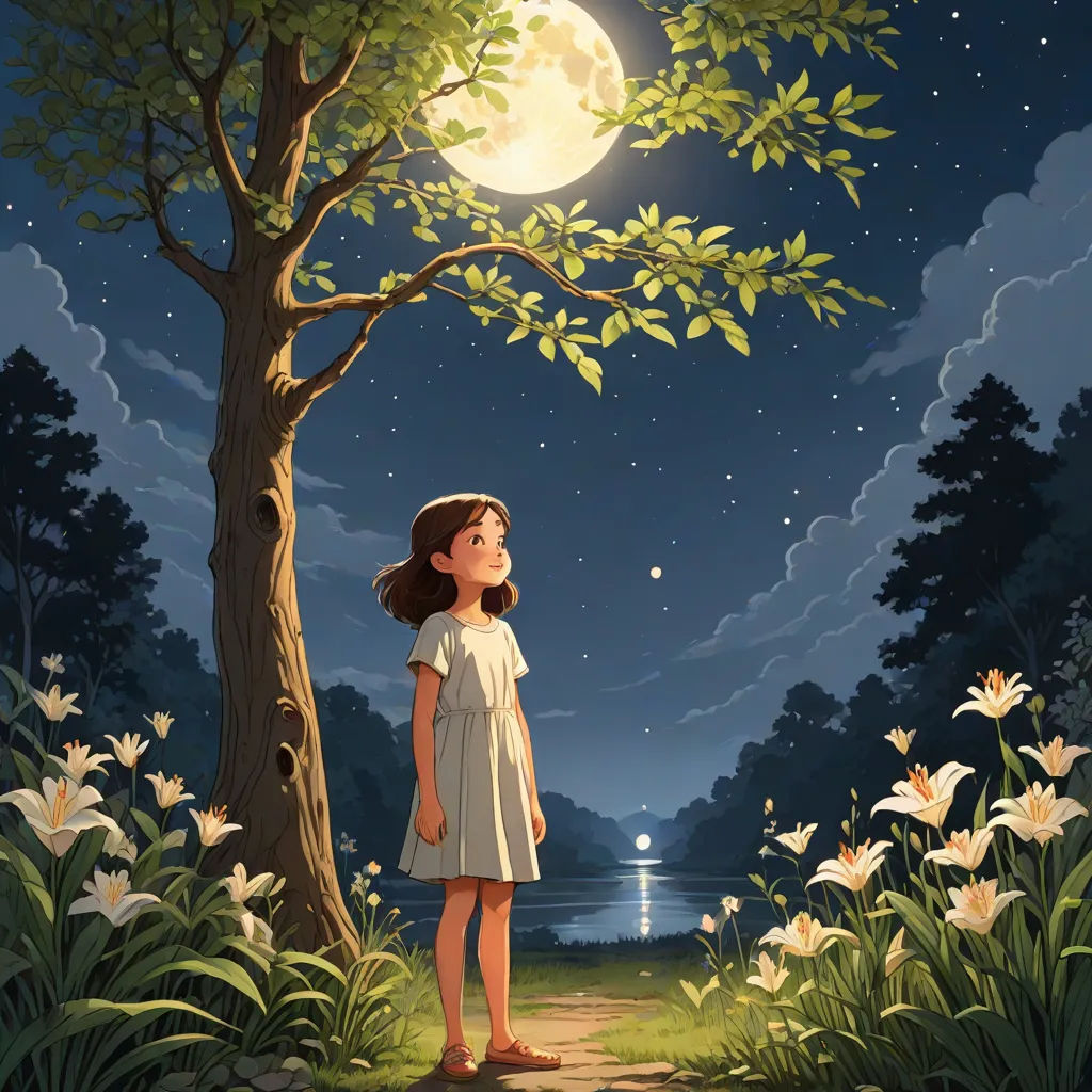 a girl standing in the grass under a tree looking up at the moon and stars above her head, with a full moon in the background, magical realism, a storybook illustration, Chiho Aoshima, storybook illustration