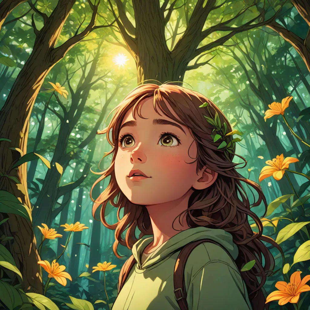 a girl in a green shirt standing in a forest with yellow flowers on her head and a sun shining through the trees, fantasy art, a storybook illustration, Cliff Childs, rossdraws global illumination