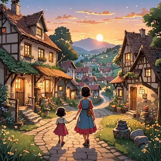 a painting of two children walking down a street in a village at sunset with a full moon in the sky, fantasy art, a storybook illustration, Chris LaBrooy, official art