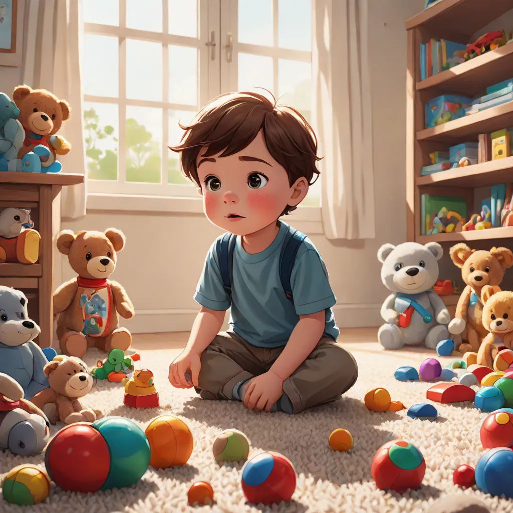 a boy sitting on the floor surrounded by toys and stuffed animals in a room with a window and a teddy bear, sots art, a storybook illustration, Alejandro Burdisio, cgstudio