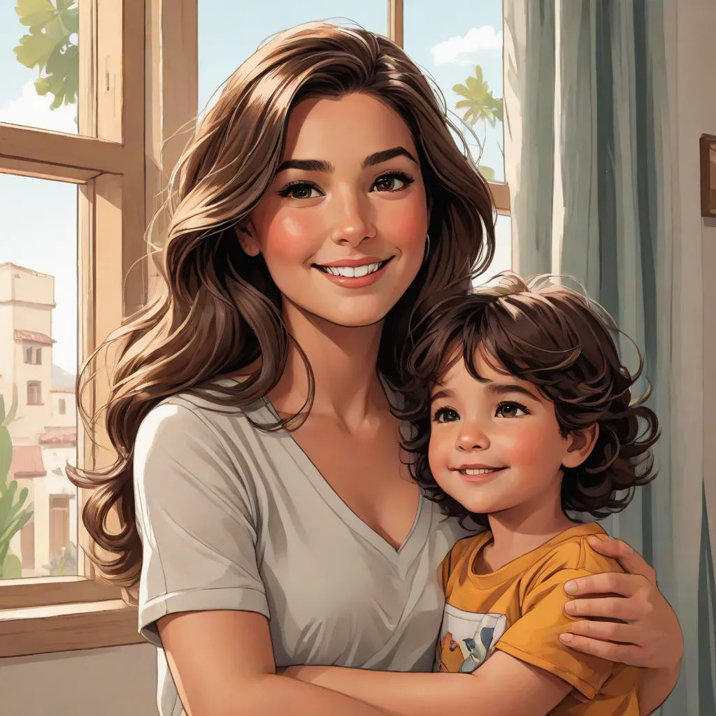 a woman holding a child in her arms near a window with a view of the city outside of the window, american realism, a storybook illustration, Artgerm, kinkade