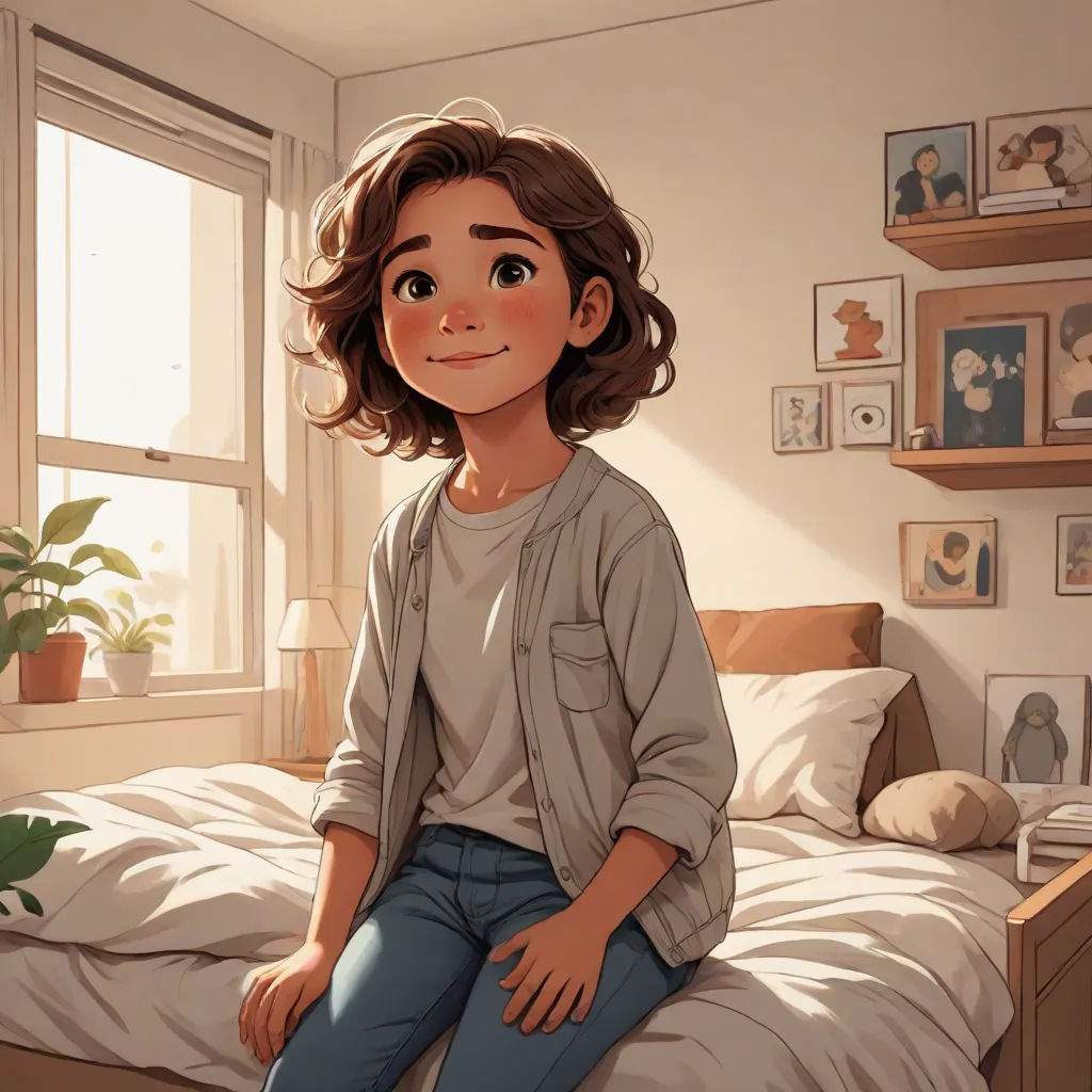 a girl sitting on a bed in a bedroom with a plant in the corner of the room and a window, furry art, a comic book panel, Alejandro Burdisio, rossdraws global illumination