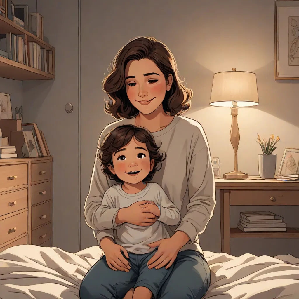 a woman sitting on a bed holding a child in her lap, with a lamp on the side of the bed, realism, a storybook illustration, Alejandro Burdisio, storybook illustration