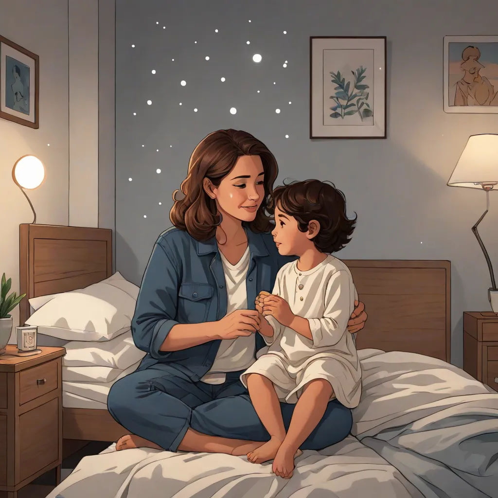 a woman and a child sitting on a bed together, with a star wallpaper behind them and a lamp on the side, space art, a storybook illustration, Asaf Hanuka, storybook illustration
