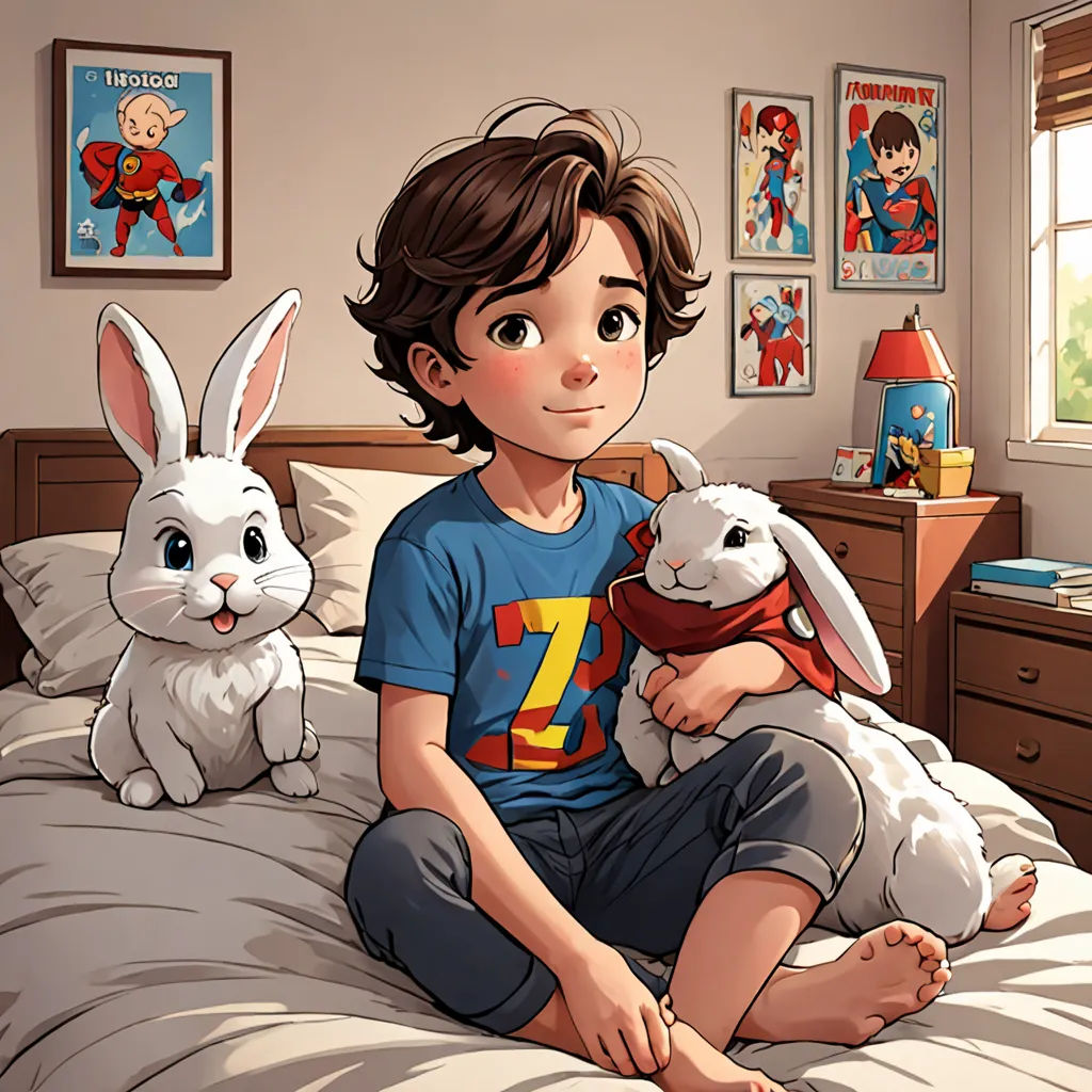 a boy sitting on a bed with two rabbits in his lap and a superman t - shirt on his shirt, Diego Gisbert Llorens, furry art, a storybook illustration, rossdraws global illumination