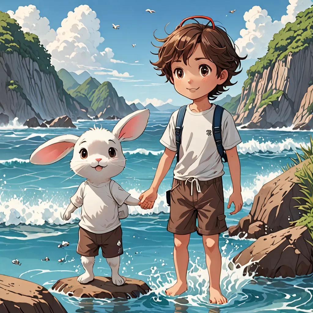 a boy and a bunny are standing in the water near a rocky shore and a mountain range is in the background, Cliff Childs, magic realism, a storybook illustration, rossdraws global illumination