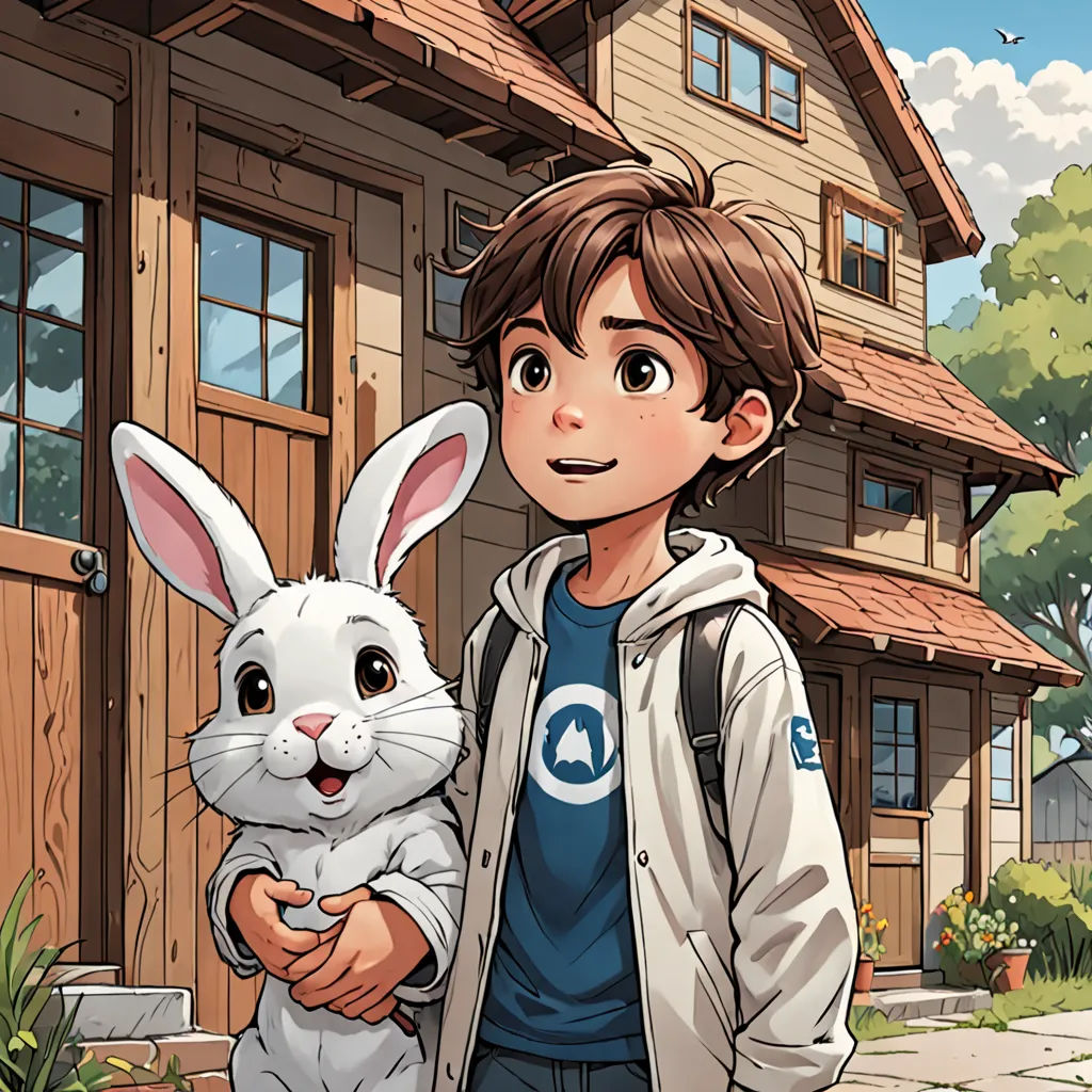 a boy holding a rabbit in front of a house with a rabbit in his lap and a bunny in his hand, Aaron Jasinski, furry art, a storybook illustration, comic cover art