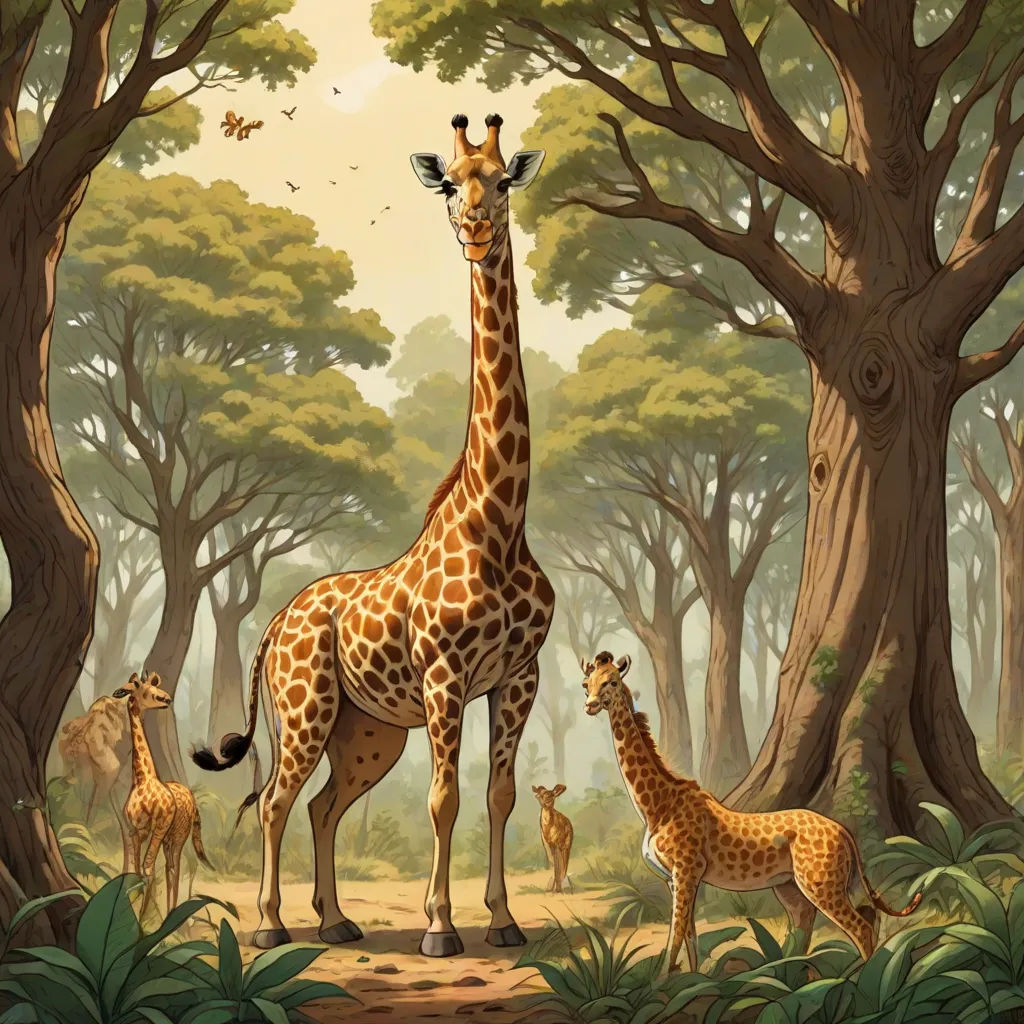 a painting of a giraffe and her babies in a forest setting with trees and butterflies flying overhead, naturalism, a storybook illustration, Chris LaBrooy, highly detailed digital art