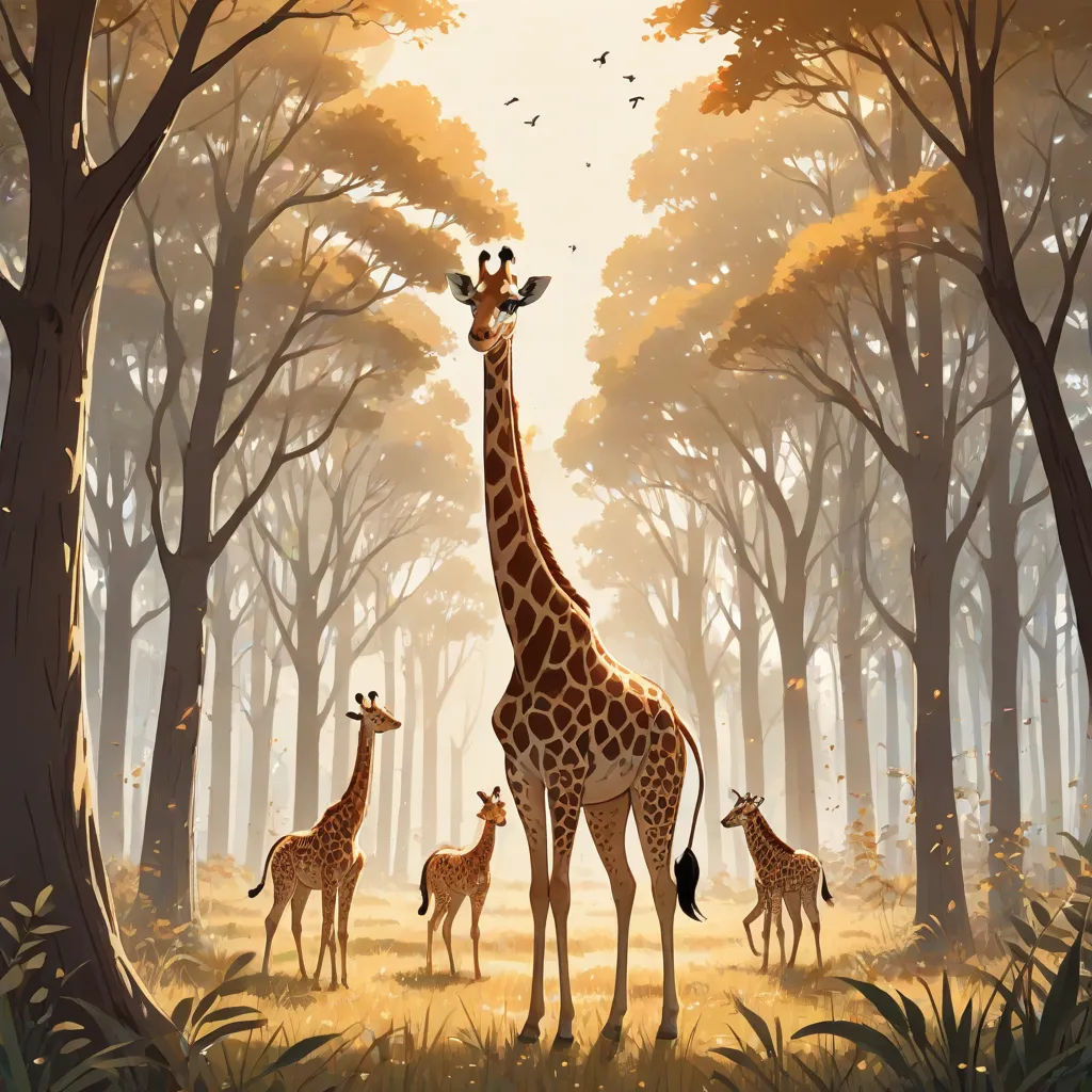 a giraffe and her babies in a forest with trees and birds flying overhead in the background,, naturalism, a storybook illustration, Chris LaBrooy, rossdraws global illumination