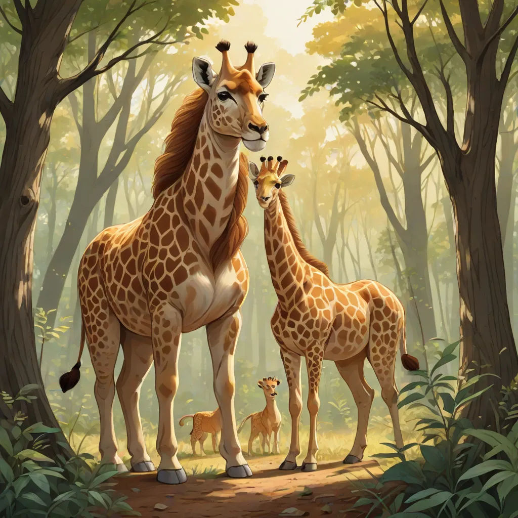 a painting of a giraffe and her baby in the forest with a baby giraffe in the foreground, fantastic realism, an oil painting, Chris LaBrooy, official art