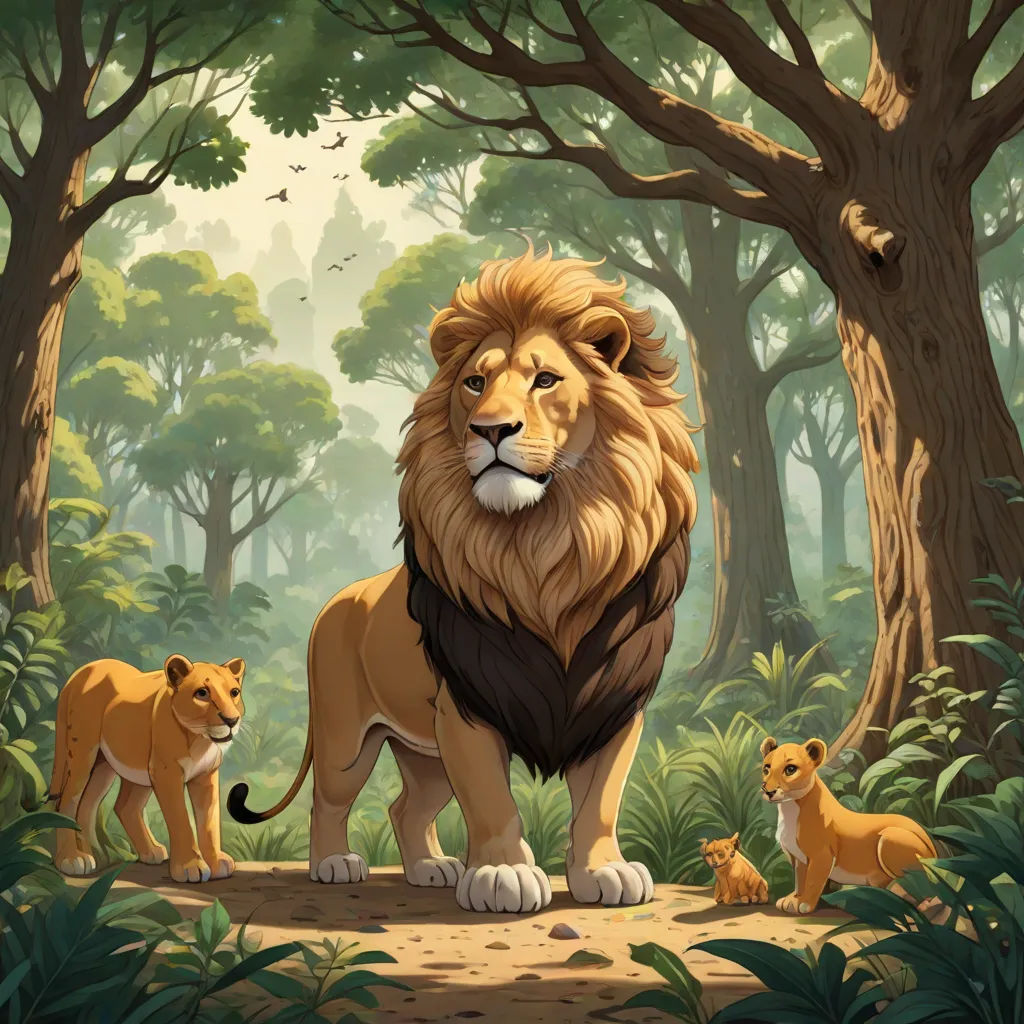a lion and two cubs in a jungle scene with trees and bushes in the background, with a bird flying overhead, furry art, an oil painting, Chris LaBrooy, official art