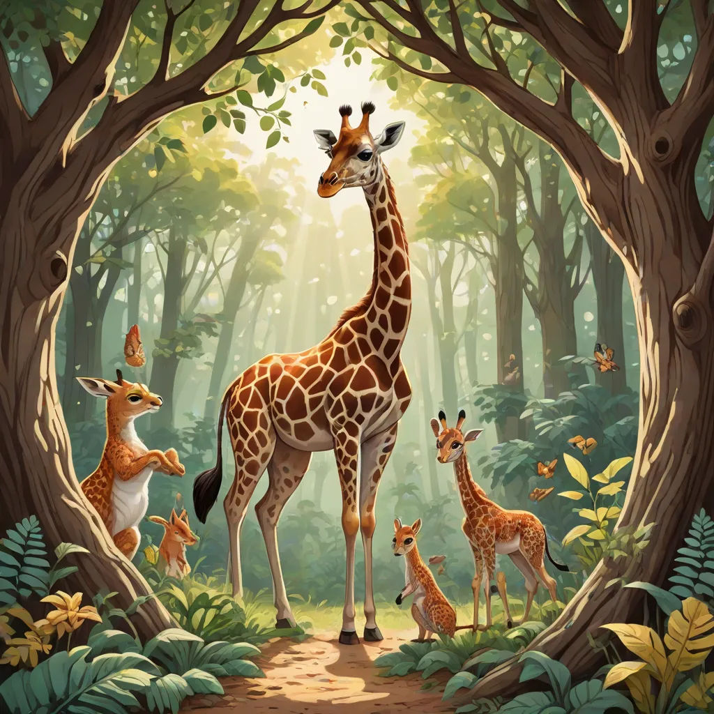 a giraffe and her babies in a forest scene with sunlight streaming through the trees and leaves on the ground, magic realism, a storybook illustration, Chris LaBrooy, highly detailed digital painting