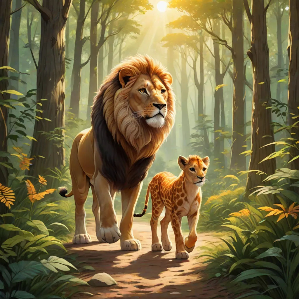 a lion and a cub walking through a forest with sun shining through the trees and leaves on the ground, sots art, poster art, Brothers Hildebrandt, official art