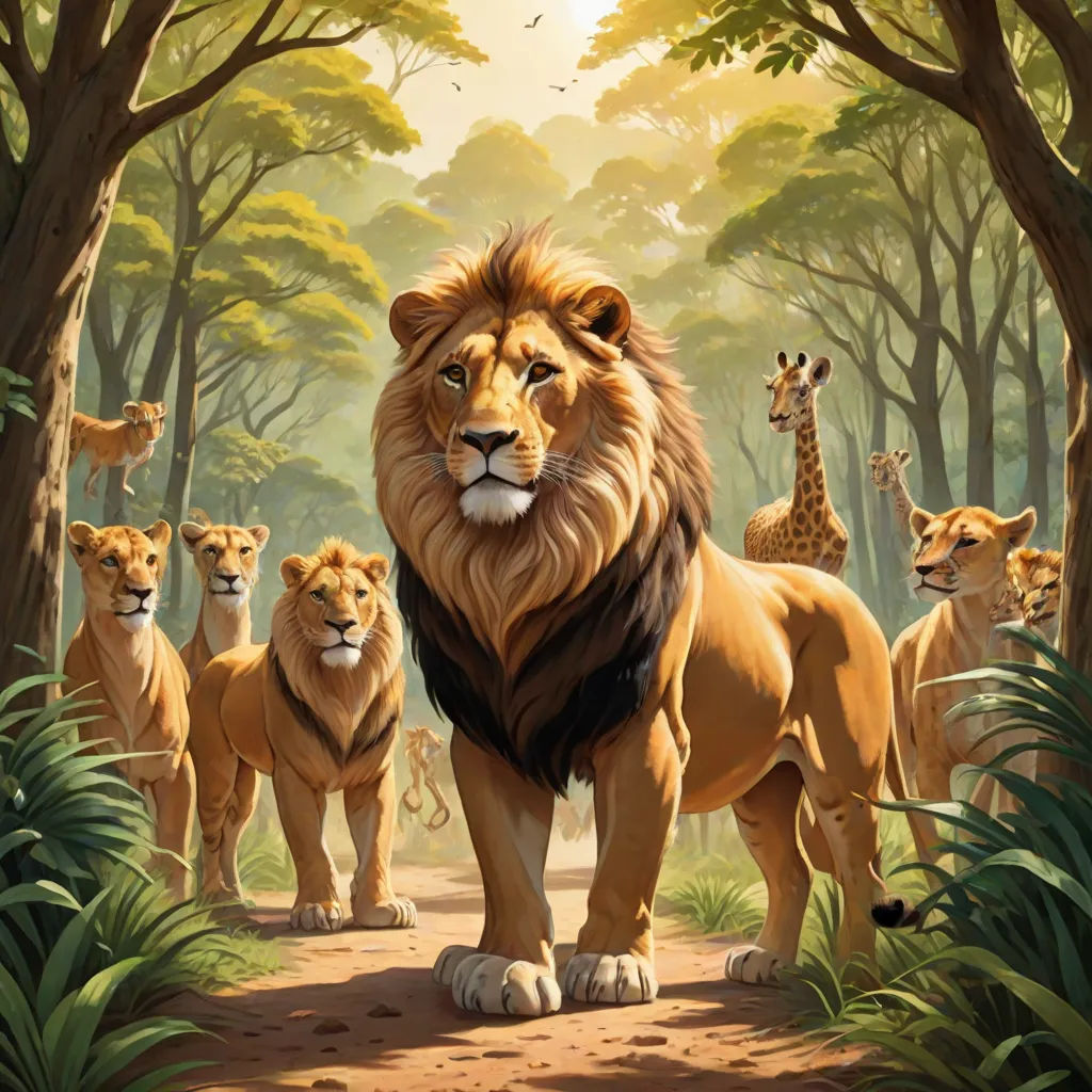 a painting of a lion and his cubs in the jungle with giraffes in the background and a giraffe in the foreground, furry art, an oil painting, Chris LaBrooy, official art
