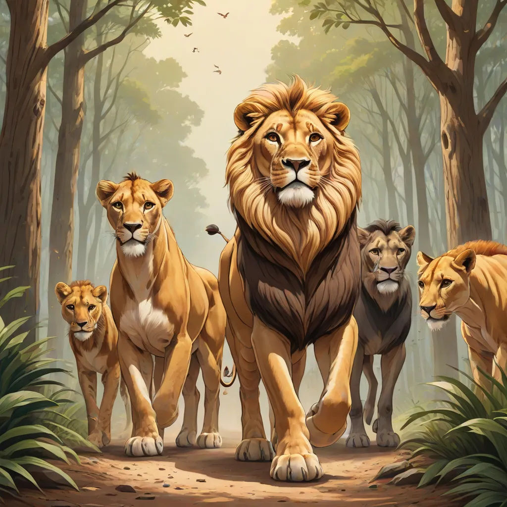 a group of lions walking through a forest filled with trees and bushes, with a bird flying overhead in the background, furry art, an oil painting, Brothers Hildebrandt, official art