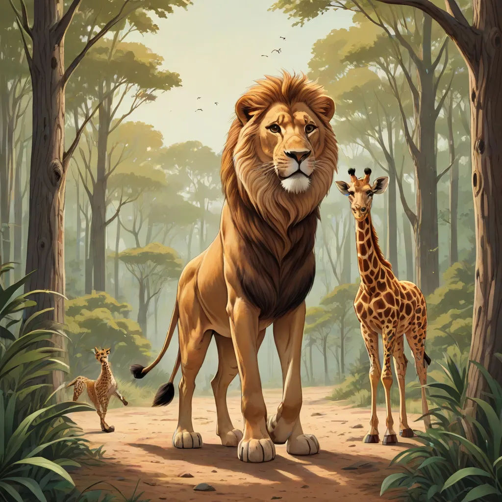 a lion and a giraffe standing in a forest with trees and bushes behind them, with a baby giraffe standing next to them, fantastic realism, a storybook illustration, Chris LaBrooy, highly detailed digital painting