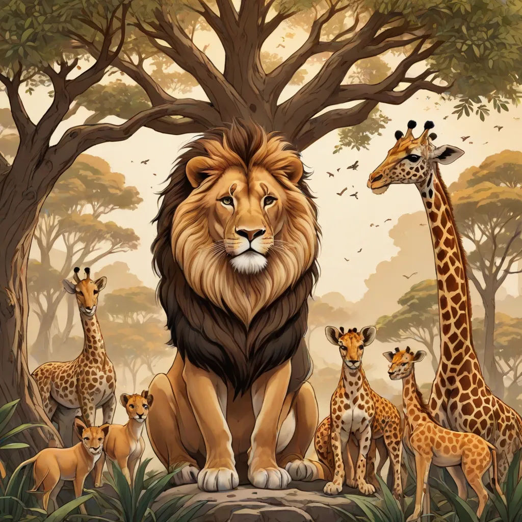 a lion surrounded by giraffes and other animals in a forest setting with trees and birds in the background, naturalism, a storybook illustration, Chris LaBrooy, highly detailed digital painting