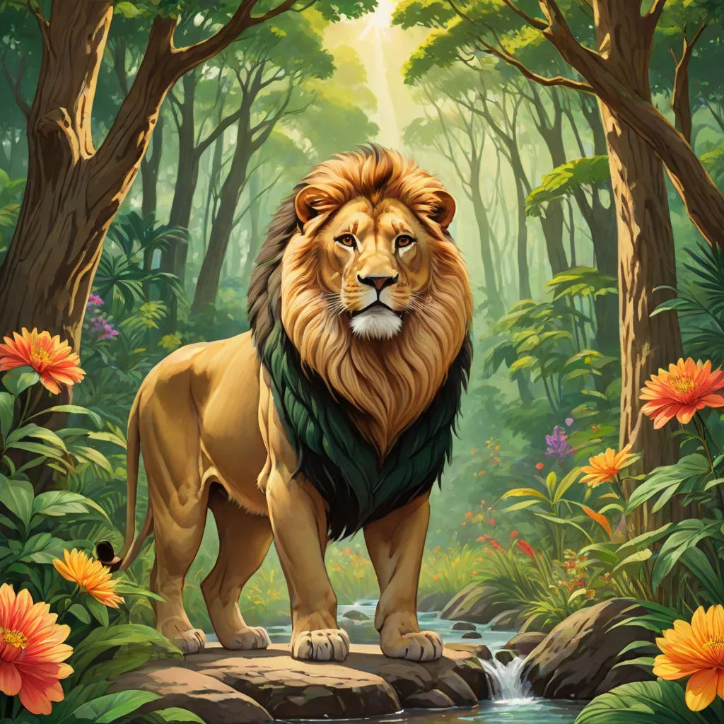 a lion standing on a rock in a jungle with flowers and trees around it, with a stream running through the middle of the jungle, fantasy art, an airbrush painting, Chris LaBrooy, official art