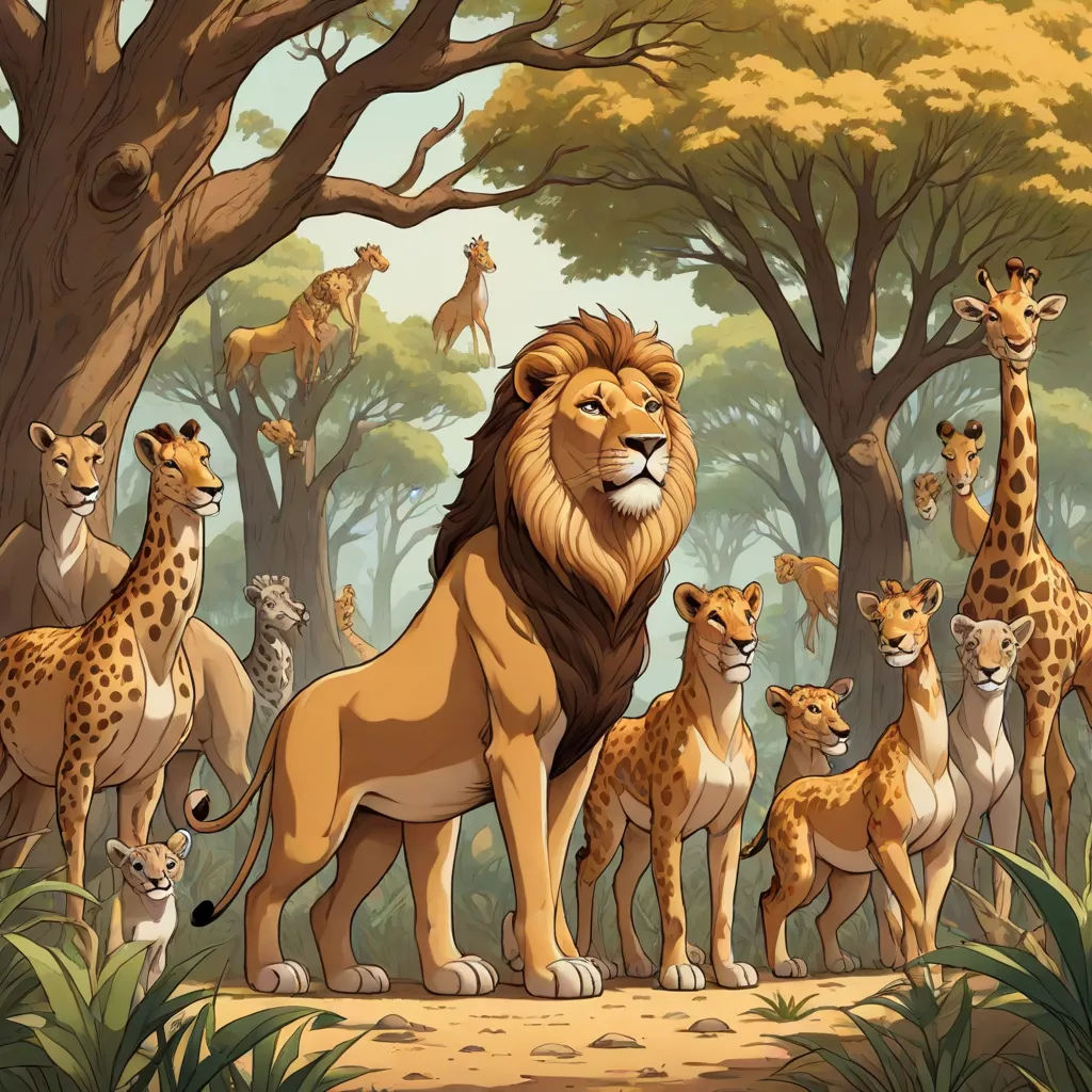a group of lions and giraffes in a jungle setting with trees and bushes and a giraffe, furry art, a storybook illustration, Chris LaBrooy, furaffinity