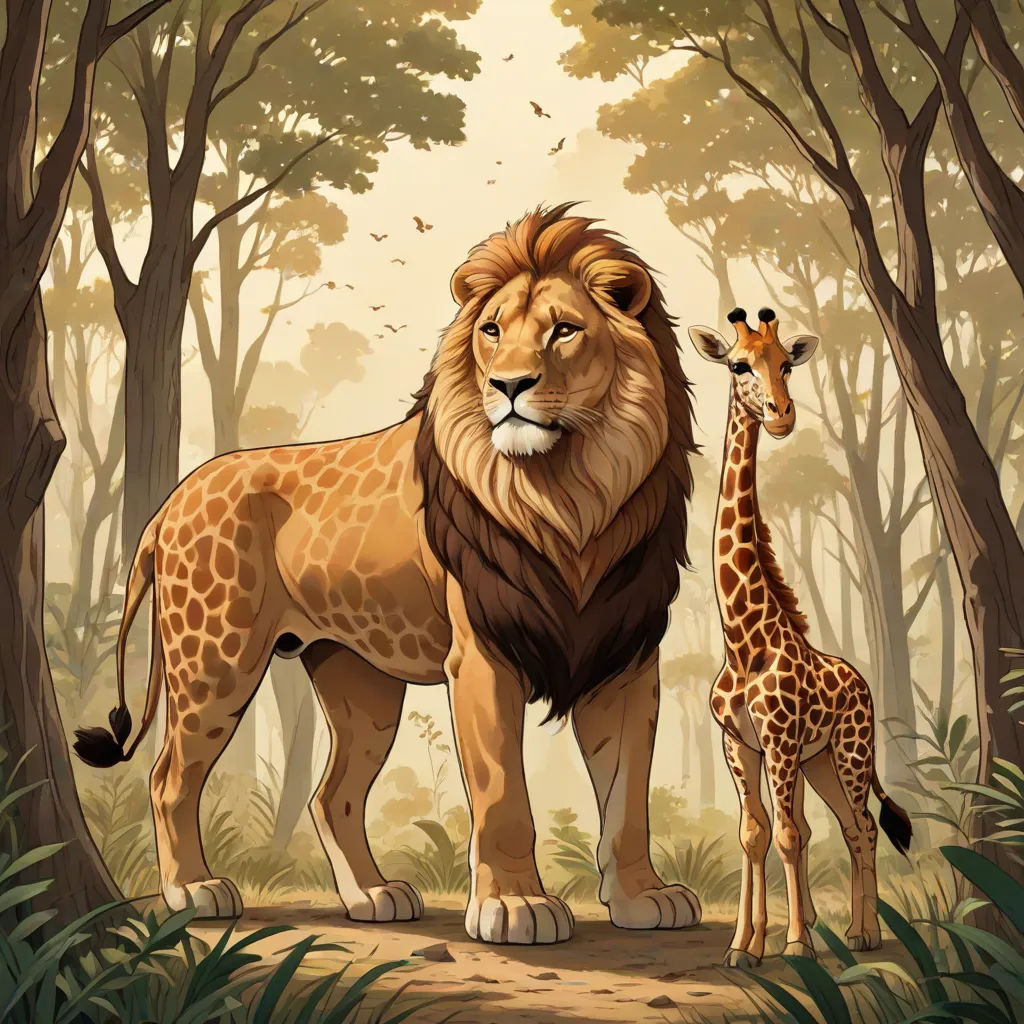 a lion and a giraffe standing in the woods together, with a baby giraffe in the foreground, furry art, a storybook illustration, Chris LaBrooy, official art