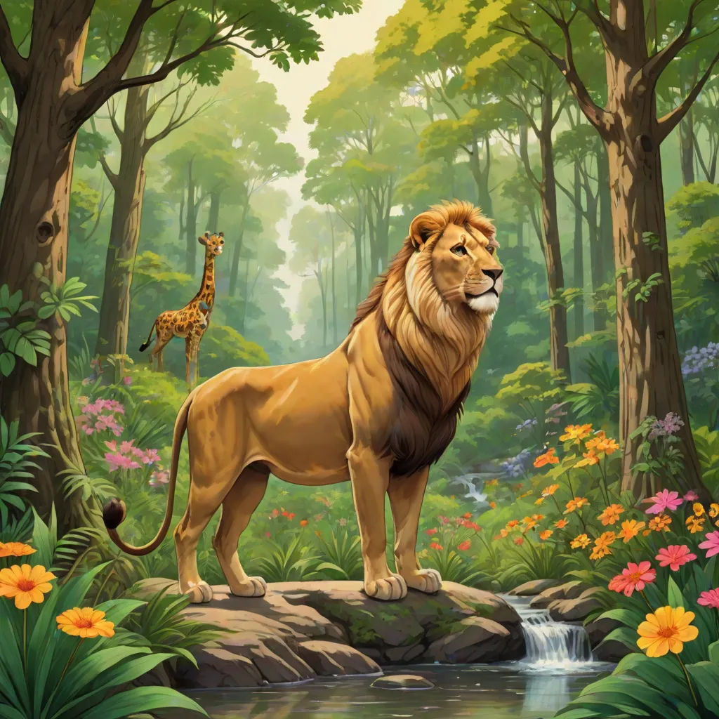 a lion and a giraffe standing in a jungle with a stream and flowers around them and a waterfall, naturalism, a storybook illustration, Chris LaBrooy, official art