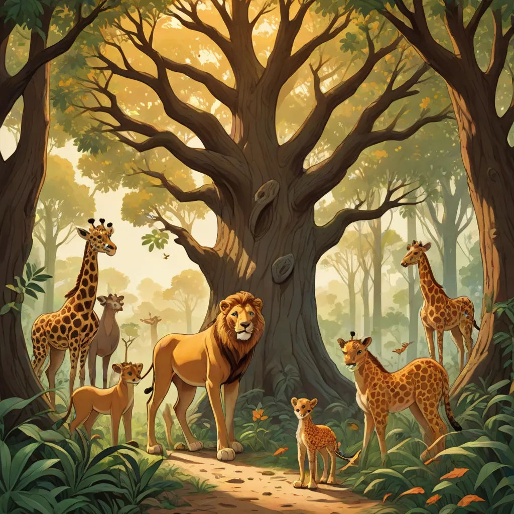 a painting of a group of animals in a forest with a tree and a lion in the background with a baby giraffe, naturalism, a storybook illustration, Chris LaBrooy, official art