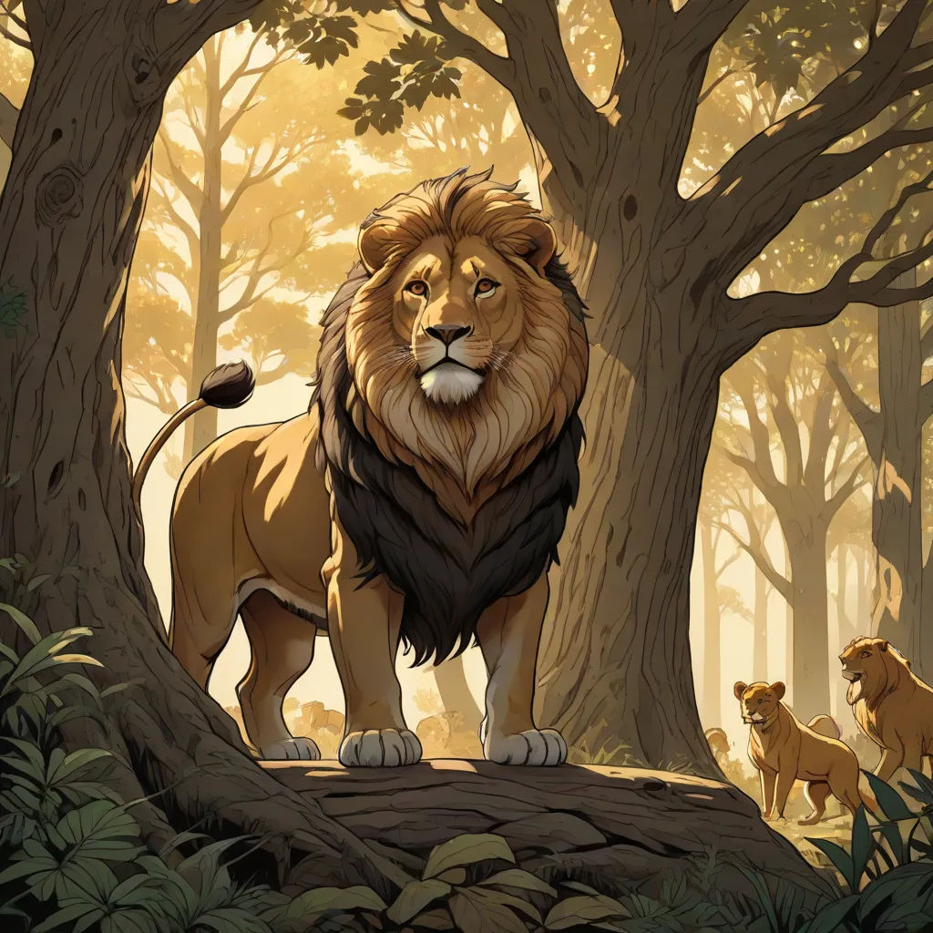 a lion standing in the middle of a forest with other lions around it and trees in the background,, furry art, a storybook illustration, Chris LaBrooy, official art