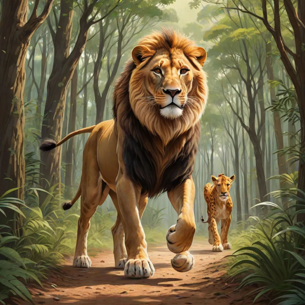 a lion and a leopard are walking through the woods together, with a leopard in the foreground and a leopard in the background, fantastic realism, an oil painting, Brothers Hildebrandt, oil painting