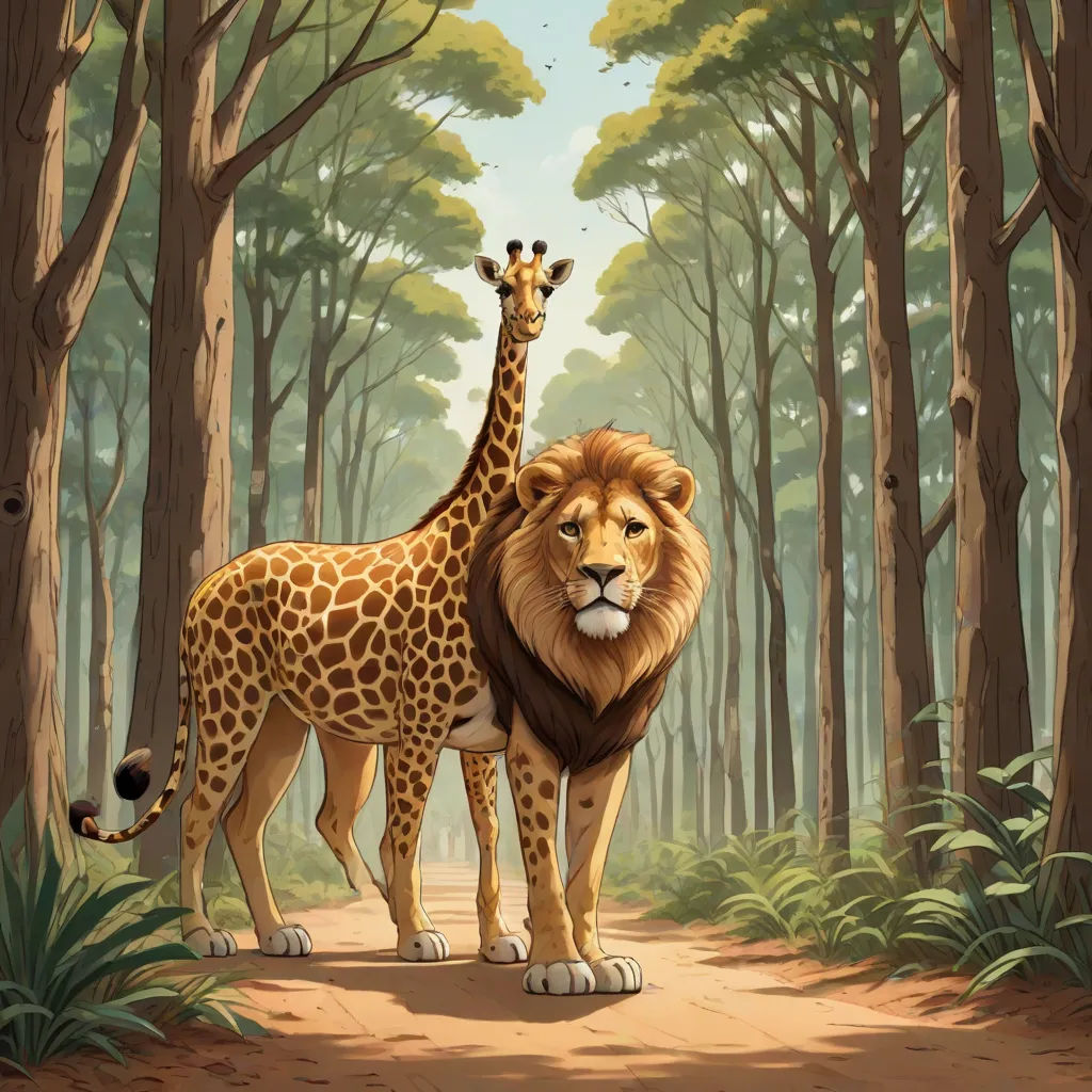 a giraffe and a lion standing in the middle of a forest with trees and bushes on either side of the road, furry art, a storybook illustration, Chris LaBrooy, official art