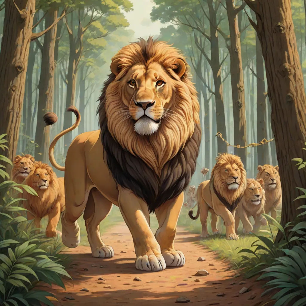 a painting of a lion walking in the woods with other lions behind him and a third lion in the background, furry art, an oil painting, Chris LaBrooy, official art