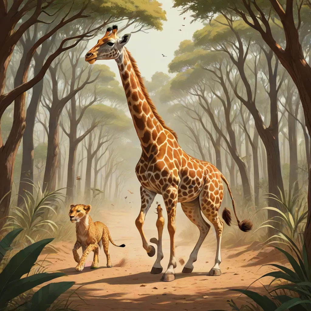 a giraffe and a lion in a forest with trees and bushes in the background, with a baby giraffe in the foreground, furry art, a storybook illustration, Chris LaBrooy, official art