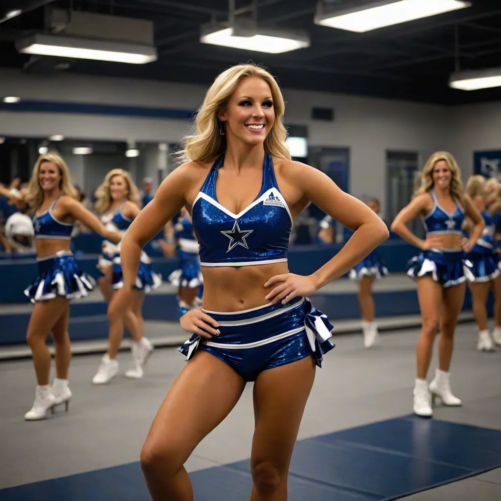 a cheerleader posing for a picture in a gym with other cheerleaders in the background and a blue carpet, Carey Morris, arabesque, a stock photo, elite