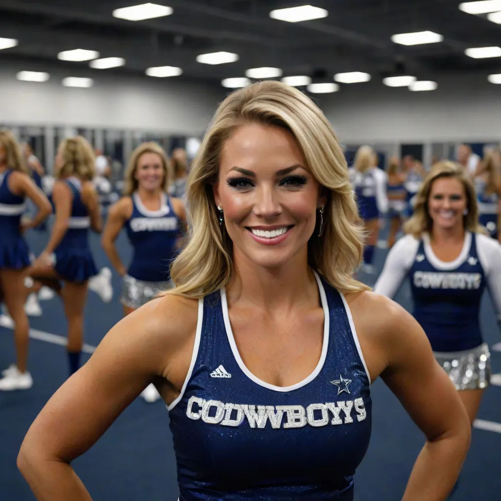 a cheerleader posing for a picture in a gym with other cheerleaders in the background and a spotlight, Anna Katharina Block, arabesque, a character portrait, elite
