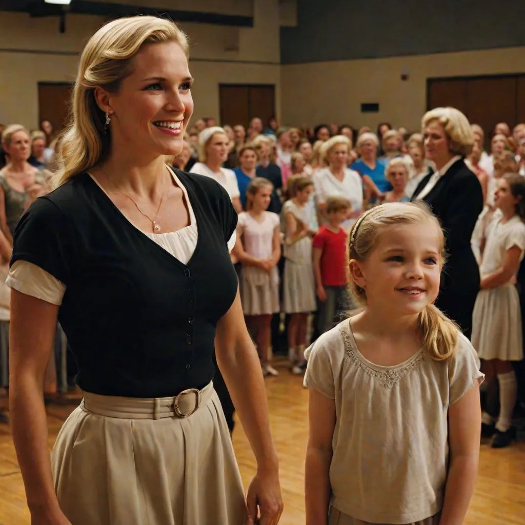 a woman and a little girl standing in front of a crowd of people in a gym with a microphone, Dorothy Coke, precisionism, a hologram, promotional image