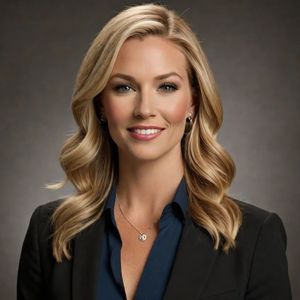 a woman with blonde hair and a black jacket smiling at the camera with a smile on her face and a blue shirt, Evelyn Abelson, precisionism, a character portrait, promotional image