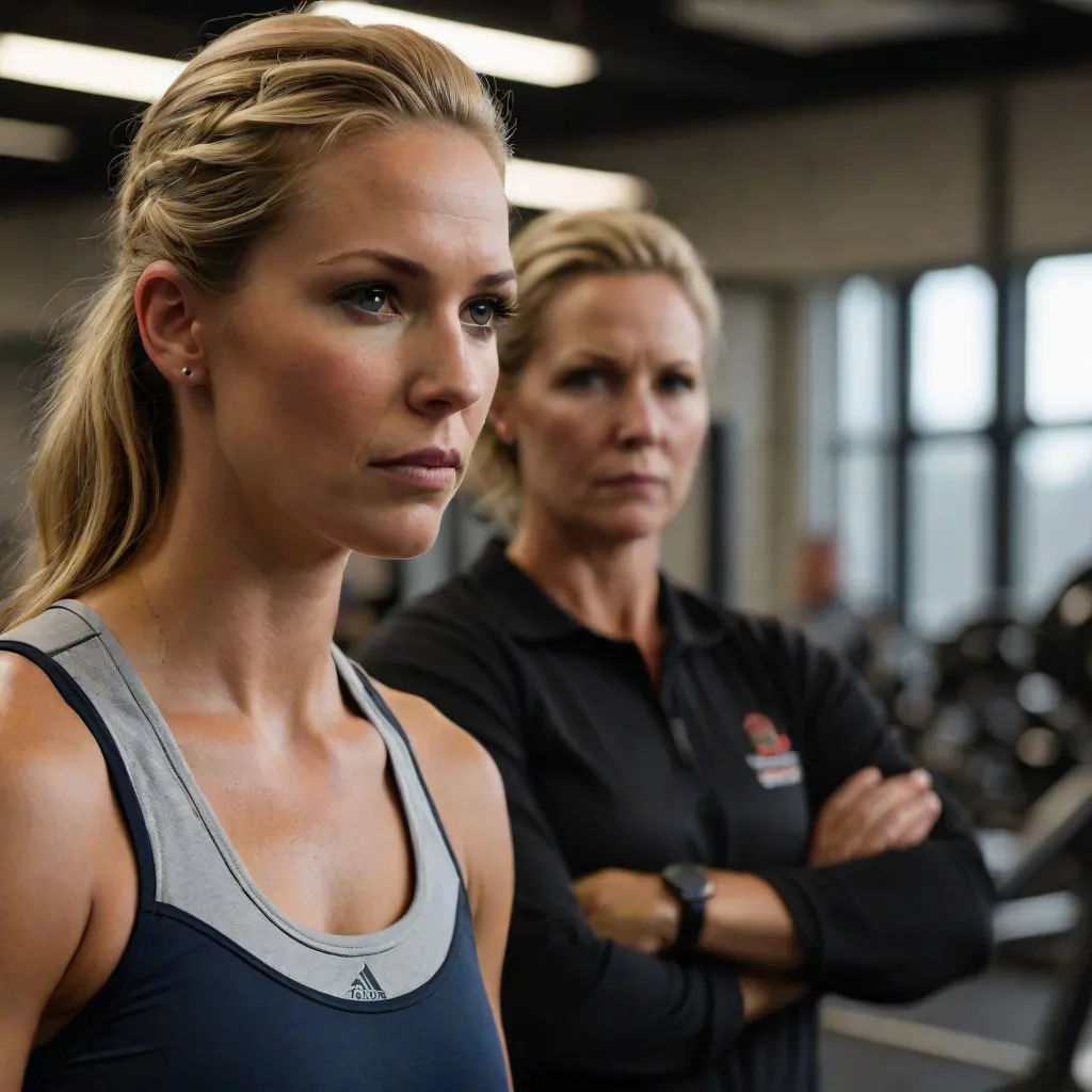 a woman standing next to a man in a gym room with a barbell in front of her and a woman behind her, Amy Weber, antipodeans, a bronze sculpture, promotional image