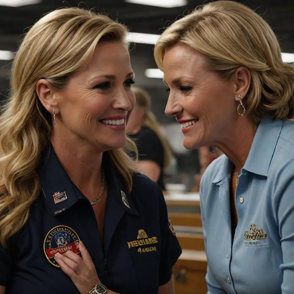 two women in uniform smiling and talking to each other in a room with other people in the background and a woman in the foreground, Evelyn Abelson, precisionism, a poster, promotional image