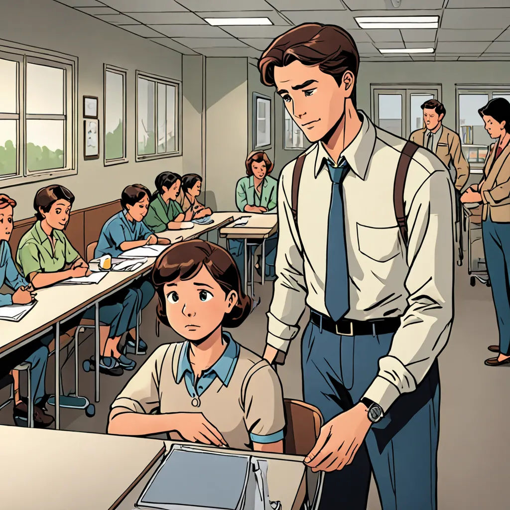 a man standing in front of a classroom full of students in uniform and looking at a computer screen with a man in a tie, institutional critique, a comic book panel, Asaf Hanuka, graphic novel
