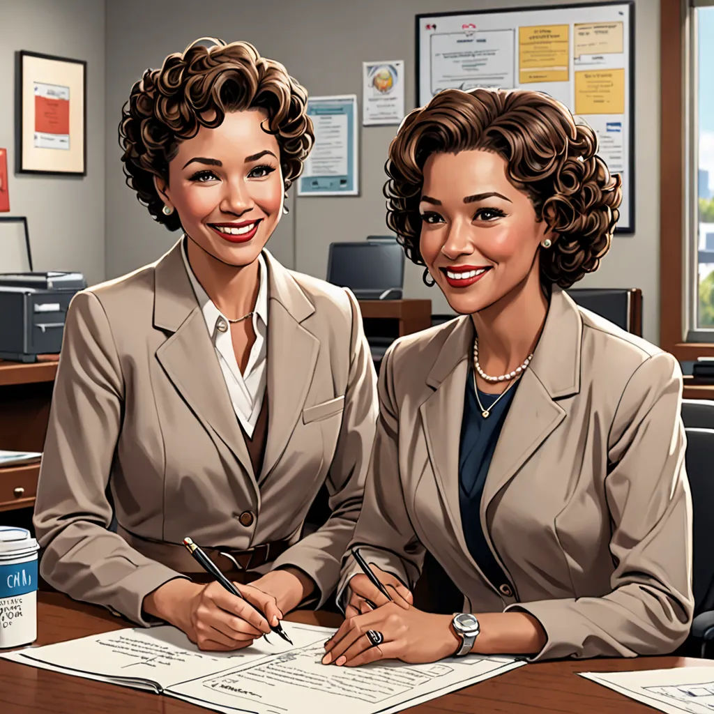 two women sitting at a desk with a pen and paper in front of them, both smiling at the camera, computer art, computer graphics, F Scott Hess, highly detailed digital painting
