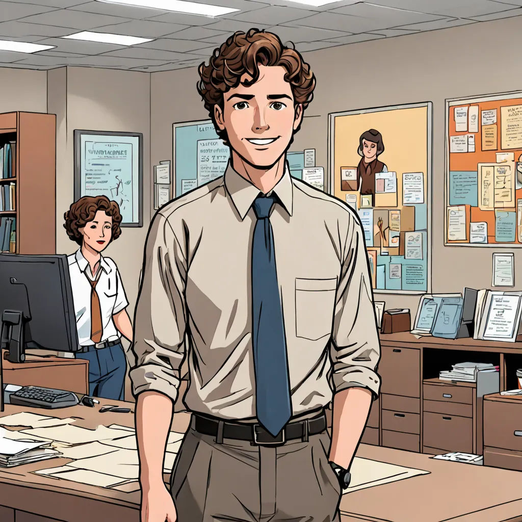a man in a tie standing in an office with a woman in the background and a man in a shirt and tie, academic art, a comic book panel, Cedric Seaut (Keos Masons), graphic novel