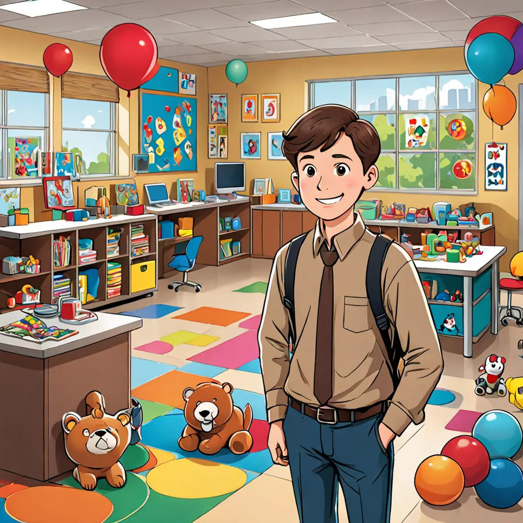 a man standing in a room with toys and balloons on the floor and a teddy bear on the floor, american scene painting, a storybook illustration, Dean Roger, promotional image